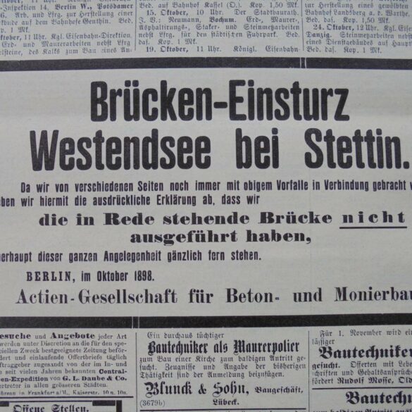 Ogłoszenie prasowe z 1898 roku wskazujące, że opisywana firma nie odpowiada za zawalenie się mostku