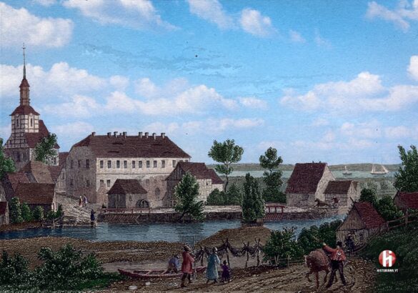 Widok na główne zabudowania dawnej Jasienicy z około 1838 roku, w ręcznej koloryzacji autora