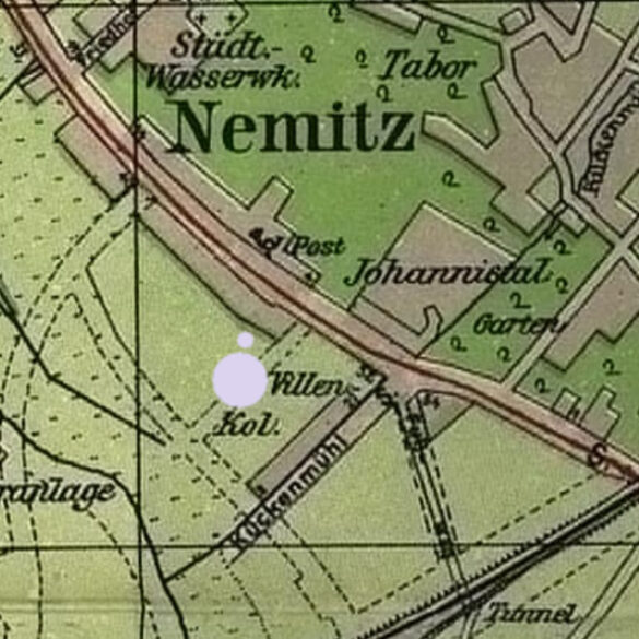 Mapa z 1919 roku z odznaczonym kropką ' Villen-Kolonie' w Nemitz.