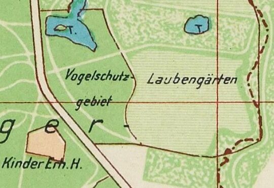 Fragment mapy z 1936 roku. Zaznaczono Vogelschutzgebiet- rezerwat ptaków.
