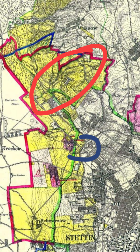 Fragment mapy z 1910 roku. Na czerwono zaznaczyłam teren Gut Eckerberg, na niebiesko - majątek Friedrichshof.