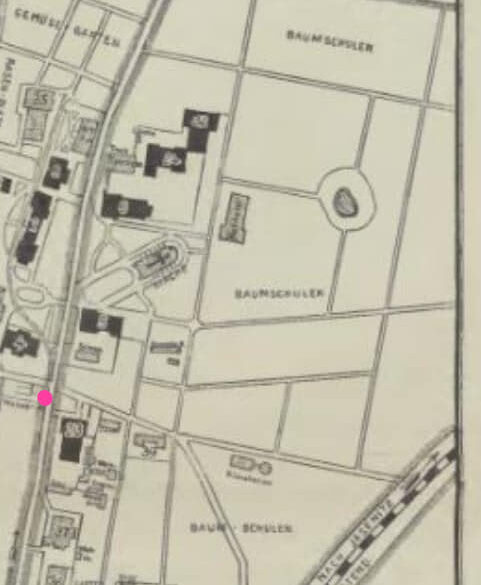 Fragment mapy z zaznaczonymi punktami: żółta - Eckerbergstrasse/Arkońska; różowa - Broniewskiego; niebieski - Wussower Strasse/Chopina.