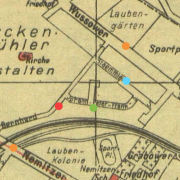 Fragment mapy z 1943 roku. Zaznaczyłam: czerwono- Wszystkich Świętych; zielono - Rydzewskiej; niebiesko - Gila; pomarańczowo - Chopin i Arkońska