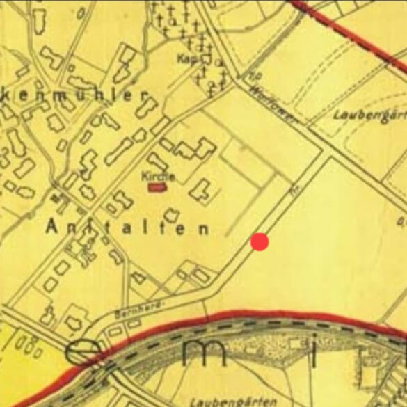 Fragment mapy z 1938 z ulicą Bernhard późniejsza Wszystkich Świętych z pierwszymi domami przy niej.