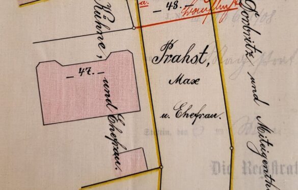 Fragment mapy z zaznaczonym terenem Maxa Prahst , pierwszego właściciela.
