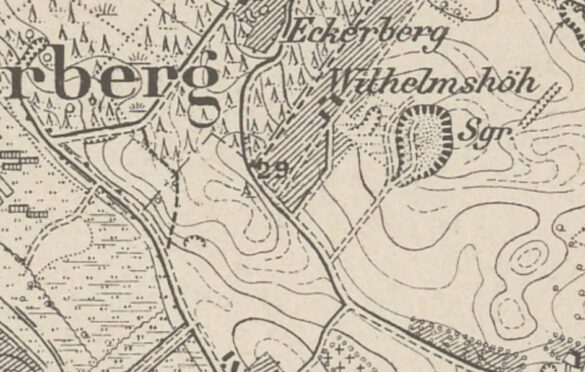 Fragment mapy z 1894 roku z zaznaczonymi terenem Vorwerk Wilhelmshöhe (paseczki).