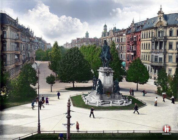 Pomnik Cesarza Wilhelma w dawnym Stettinie, na dzisiejszym Placu Adamowicza w Szczecinie. Ręczna koloryzacja wykonana przez autora.