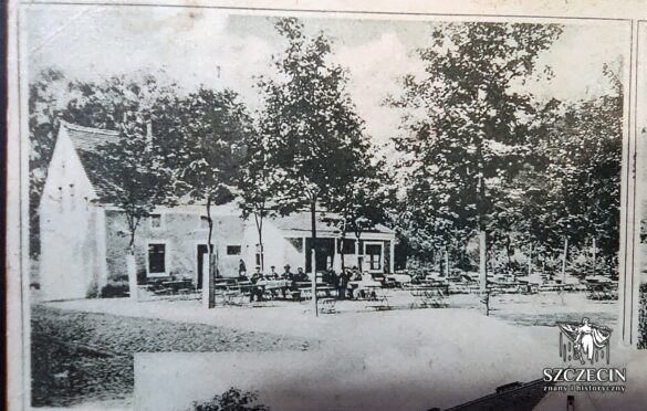 Tył restauracji, obszar dzisiejszego Rajskiego Ogrodu, we fragmencie pocztówki wysłanej w 1904 roku.