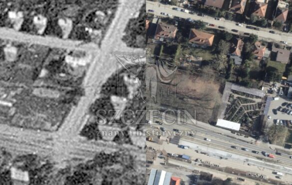 Porównanie lotnicze miejsca po restauracji (1943) oraz zdjęcia satelitarnego z 2021 roku.
