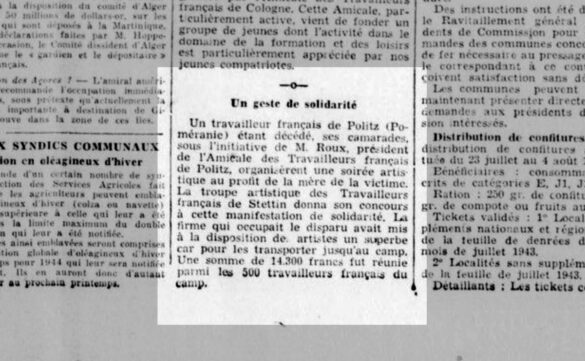 Wycinek z francuskiej prasy z 1943 roku wspominający uroczysty gest solidarności dla zmarłego Francuza w Pölitz (Police)