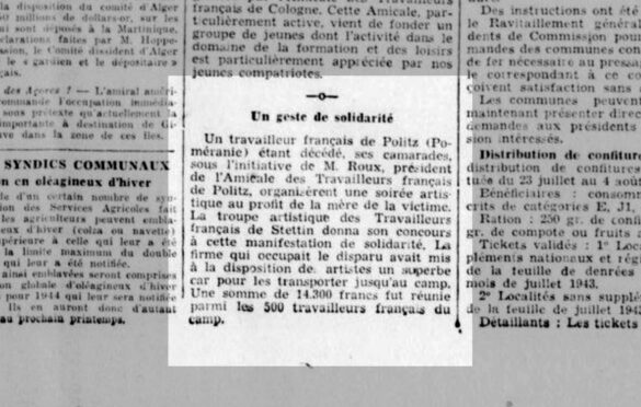 Wycinek z francuskiej prasy z 1943 roku wspominający uroczysty gest solidarności dla zmarłego Francuza w Pölitz (Police)