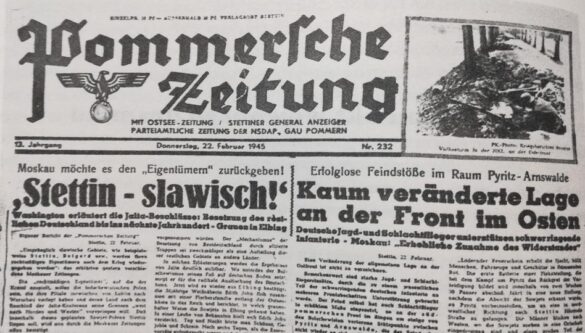 Stettin - Slawisch! Szczecin - Słowiański! Nagłówek propagandowej prasy niemieckiej z lutego 1945 roku