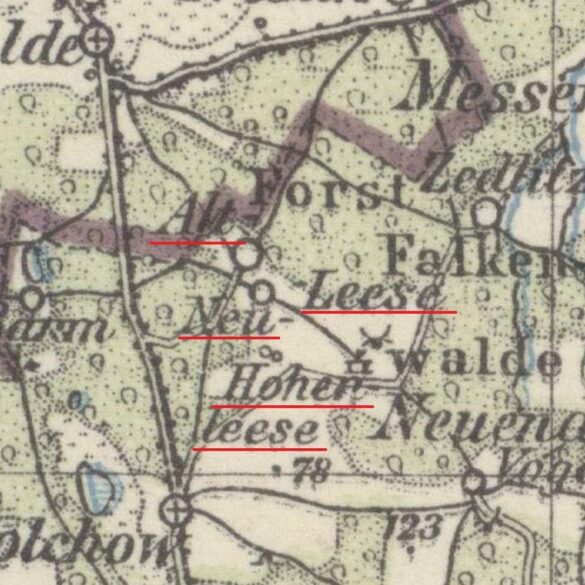 Oznaczenie trzech lokalizacji Leese na mapie z XIX wieku