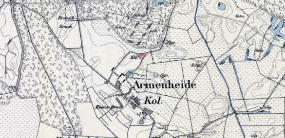 Oznaczenie lokalizacji dawnego cmentarza na mapie z około 1888 roku