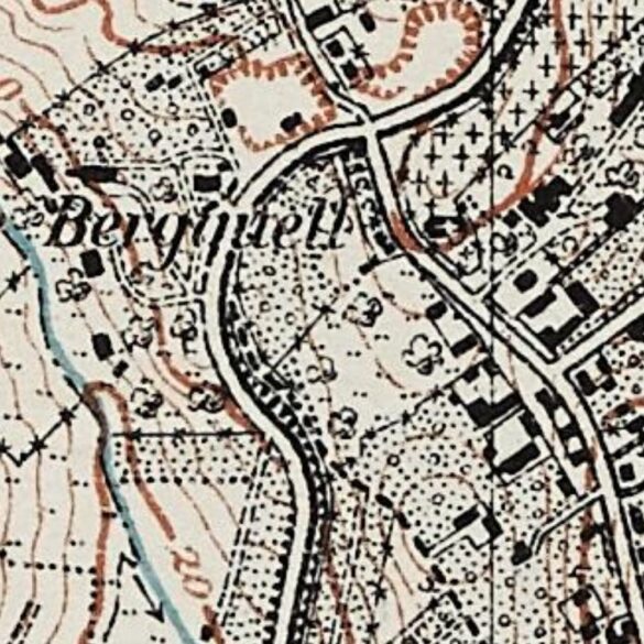 Przedwojenna mapa ze zbliżeniem na łuk drogi i dawny zakład Berquell