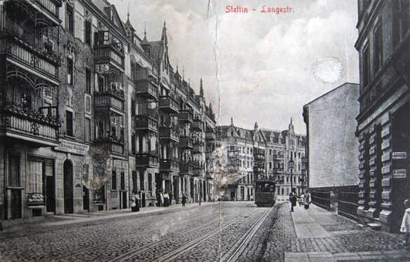 Dawna Langestraße, dzisiejsza Emilii Plater na uszkodzonej kartce pocztowej