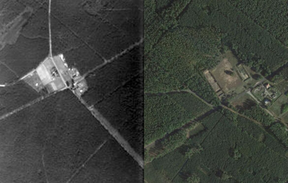 Dobieszczyn w 1943 roku z kadru lotniczego oraz w 2017 roku, fotografia lotnictwa alianckiego