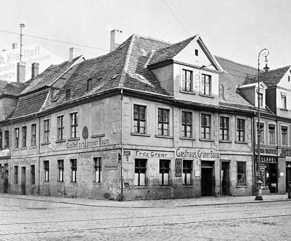 Narożnik Große Lastadie (Energetyków) oraz Speicherstraße (w lewo, Zbożowa), w którym mieścił się pensjonat pana Fritza