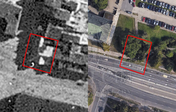 Porównanie lotnicze i satelitarne lokalizacji, warto zauważyć, że budynek w części znajdował się na dzisiejszej drodze