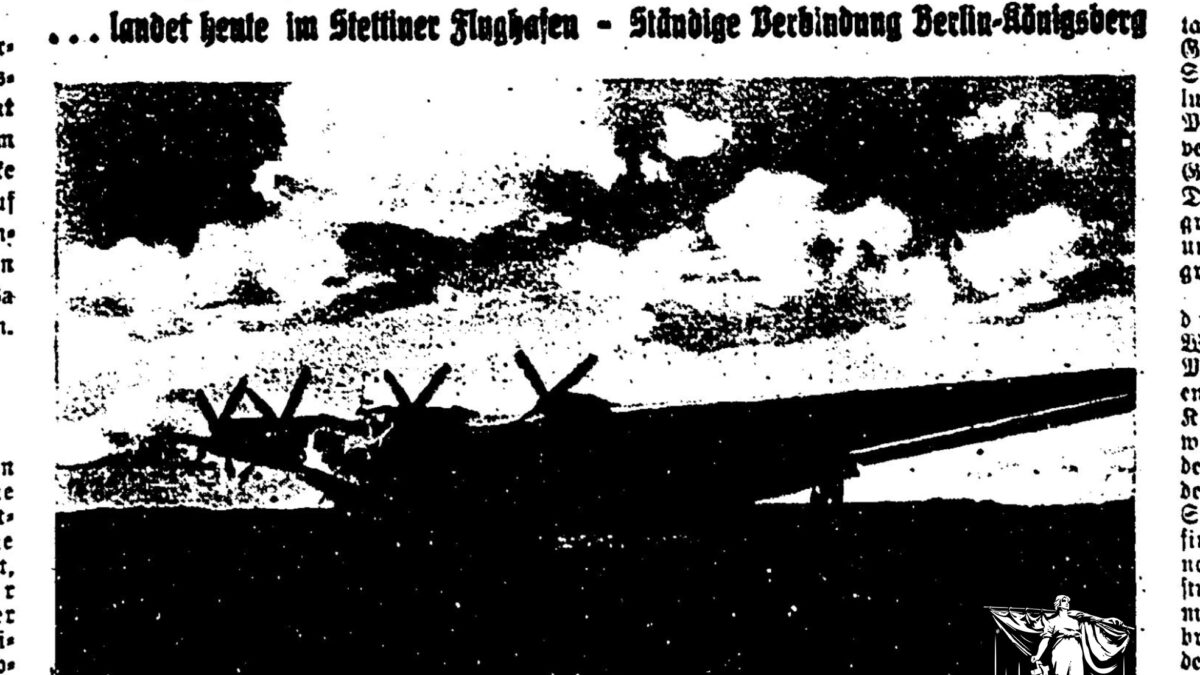 Artykuł z dawnej szczecińskiej prasy opisujący lądowanie i trasę Junkers G 38.