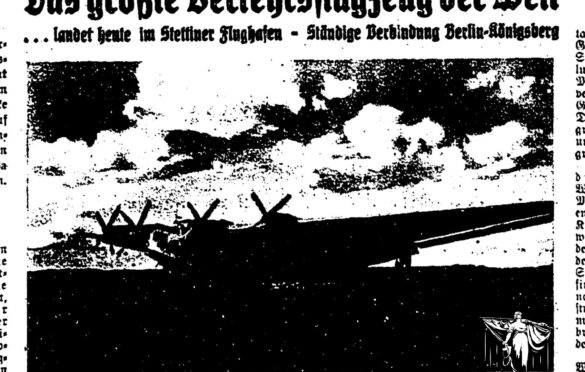 Artykuł z dawnej szczecińskiej prasy opisujący lądowanie i trasę Junkers G 38.