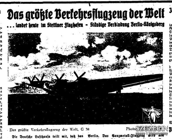 Artykuł z dawnej szczecińskiej prasy opisujący lądowanie i trasę Junkers G 38.
