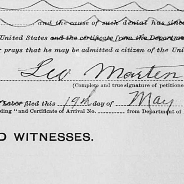 Podpis jaki złożył Leo Marten na dokumencie "naturalizacji" w USA