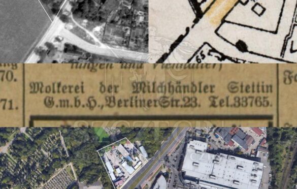 Porównanie mapy, zdjęcia lotniczego (1843 i 2017) oraz wycinek z księgi adresowej