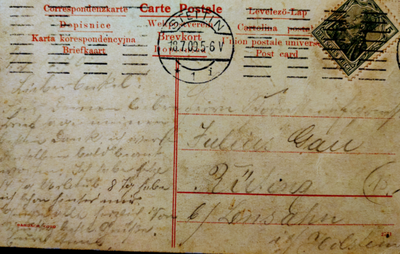 Tył karty korespondencyjnej z ledwie widocznym przekazem, wysłana w 1909 roku
