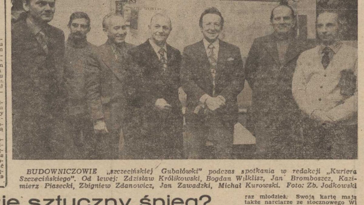 Budowniczowie Gubałówki, zdjęcie pana Zbigniewa Jodkowskiego z Kuriera, od lewej: Zdzisław Królikowski, Bogdan Wilkisz, Jan Bromboszcz, Kazimierz Piasecki, Zbigniew Zdanowicz, Jan Zawadzki i Michał Kurowski