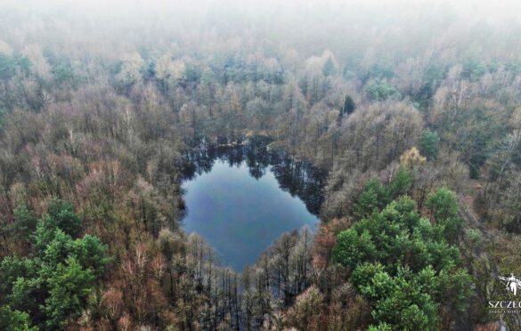 Jezioro Goślickie z lotu drona w mlecznej osłonie wiosennej mgły