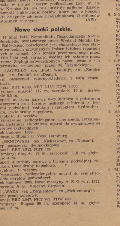 Technika Morza i Wybrzeża z czerwca 1947 roku mówiąca o polskim statku Beniowski