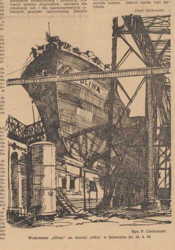 Rysunek przedstawiający wodowanie Oliwy z 24 kwietnia 1948 roku, autorstwa pana Ciechomskiego.