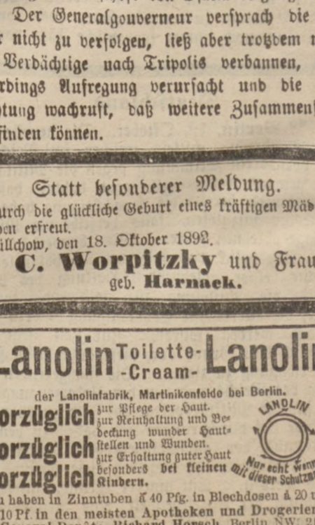 Informacja o urodzinach córki pana Worpitzky i jego żóny z domu Harnack, 1892 rok