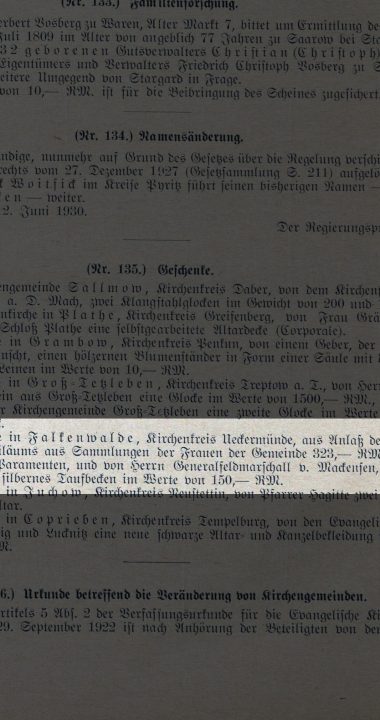 Wzmianka o przekazaniu przedmiotu przez Mackensena na 200 lecie kościoła w Tanowie