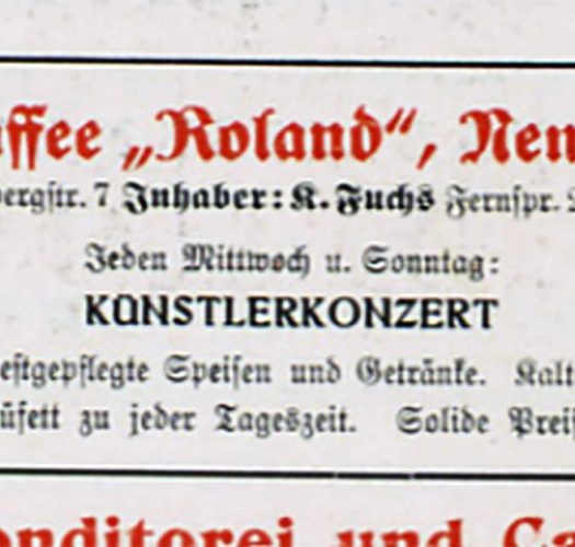 Reklama kawiarni Roland, którą w 1928 prowadził Karl Fuchs
