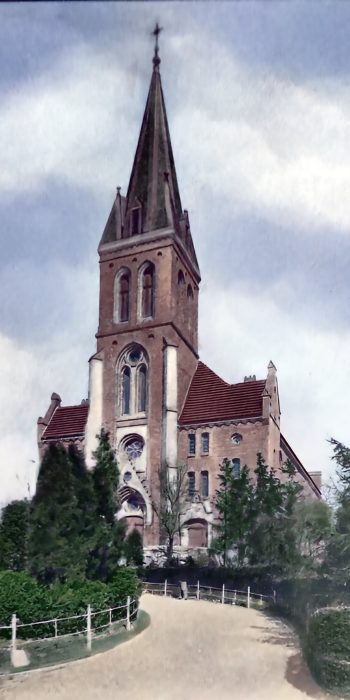 Nieistniejący Lutherkirche w dawnym Züllchow (Żelechowa), w ręcznej koloryzacji autora