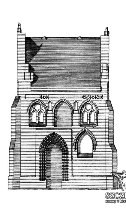 Powojenny rysunek ukazujący policką kaplicę, pozostałość kościoła