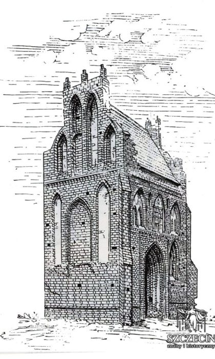 Rzut od boku na przedwojennym rysunku polickiej kaplicy na rynku