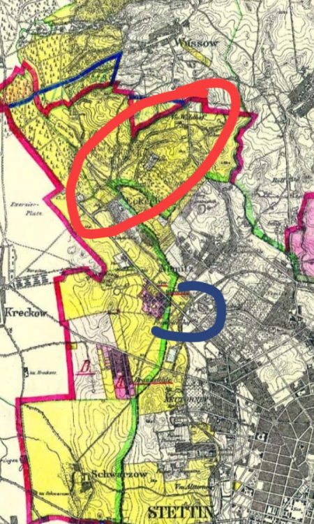 Fragment mapy z 1910 roku. Na czerwono zaznaczyłam teren Gut Eckerberg, na niebiesko - majątek Friedrichshof.