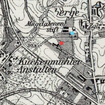 Fragment mapy z 1931 roku. Zaznaczyłam na niebiesko Magdalenen-Stiftung, a na czerwono lokalizację budynków z dzisiejszego posta.