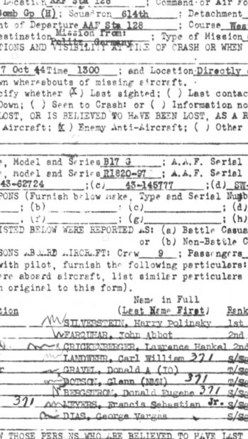 Wycinek z raportów z listą załogi bombowca