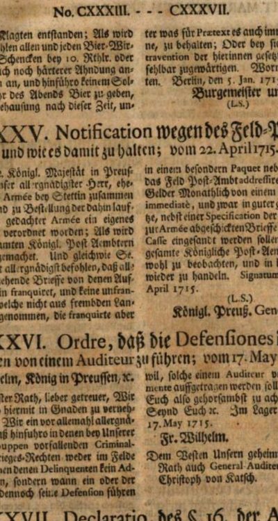 Wzmianka o utworzeniu polowego oddziału pocztowego w 1715 roku, z obozu pod Szczecinem