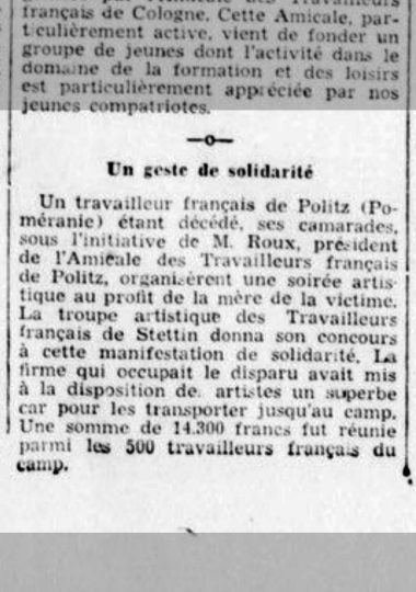 Wycinek z francuskiej prasy z 1943 roku wspominający uroczysty gest solidarności dla zmarłego Francuza w Pölitz (Police)