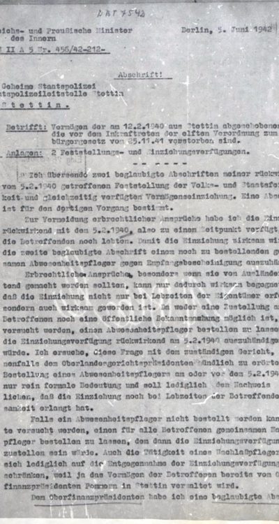 Jedna ze stron tzw. listy Bigingera - spisu 280 Żydów ze Szczecina, deportowanych w lutym 1940 roku