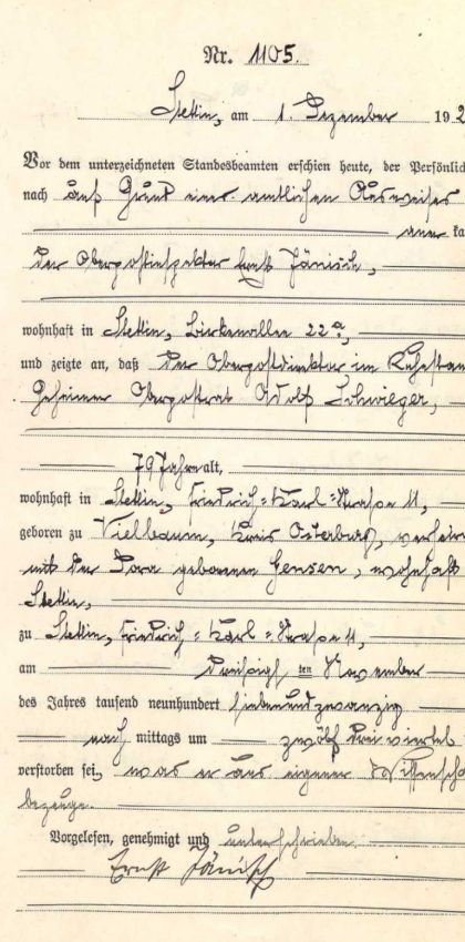 Adolf Schwieger i jego akt zgonu z archiwum