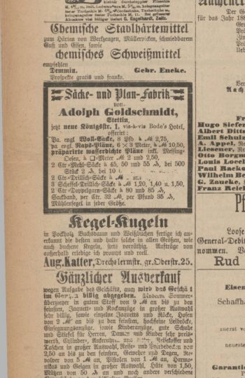 Reklama biznesu pana Adolpha Goldschmidt z 30 kwietnia 1885 roku