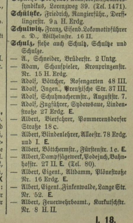 Albert Schulz (mąż Anny) w księdze adresowej z 1927 roku