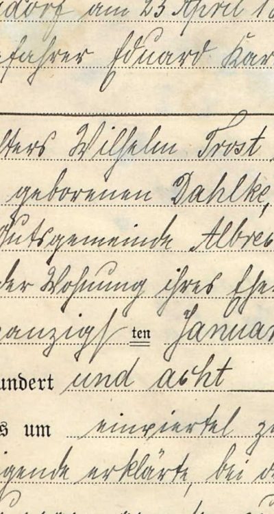 Albertine Trost z domu Dahlke wymieniona w akcie zgonu córki w 1908 roku, jako mieszkanka majątku
