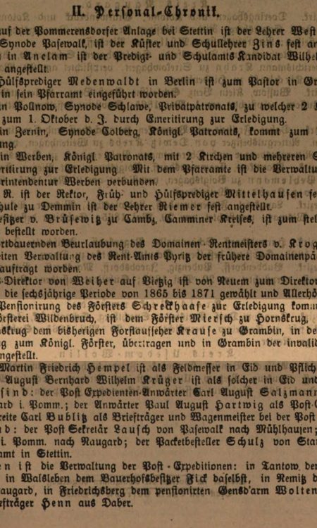 Wzmianka z Amtsblatt z 1856 roku wymieniająca leśników: Miersch i Krause w kontekście leśniczówki